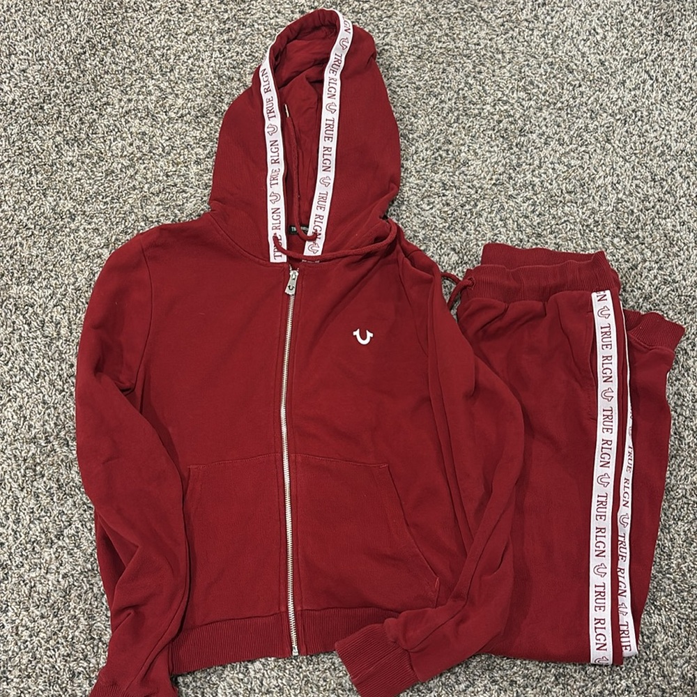 True Religion Burgundy Hoodie Set with White Details